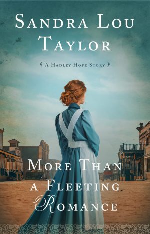 curly haired woman in blue dress and apron looking into the distance