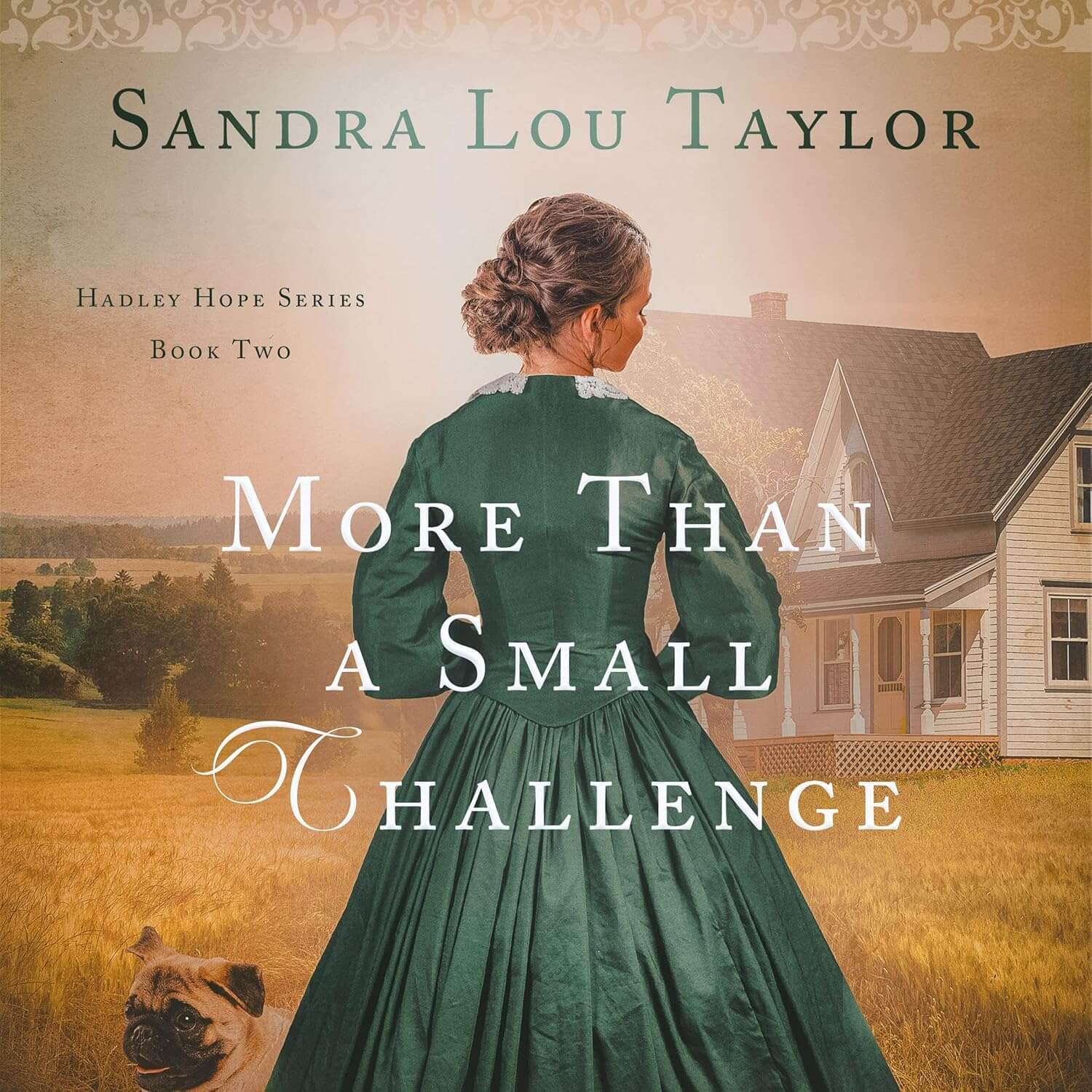 A woman in a green dress looks into the distance.